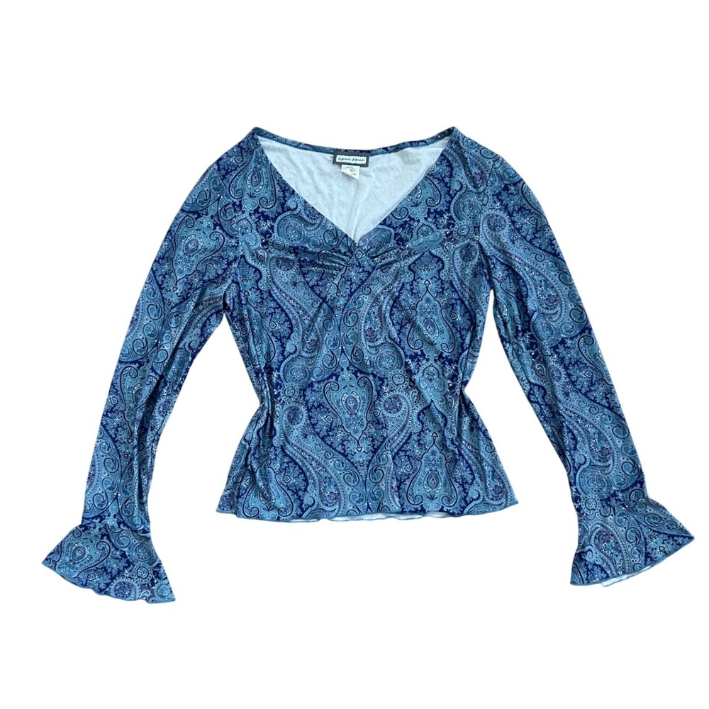 Vtg Paisley Bell Sleeve V-Neck Top Blue Fairycore Boho L‎